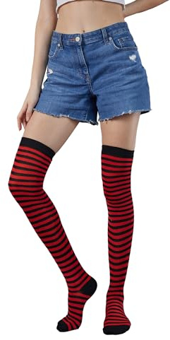 FGFD & OU knästrumpor för kvinnor överknä randiga overknees strumpor kvinnor varma höga strumpor damer termo långa strumpor flickor, Svart & röd, One Size