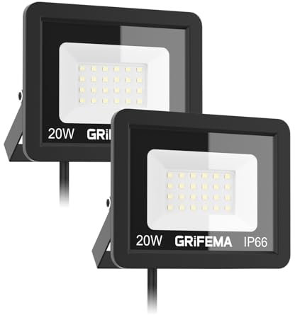 GRIFEMA 20W Faretto LED da Esterno 2 Pezzi, 2200LM 6500K Luce Bianca Fredda, IP66 Impermeabile, Faretti LED con Supporto Regolabile a 180° per Giardino, Terrazza, Garage, Senza Spina