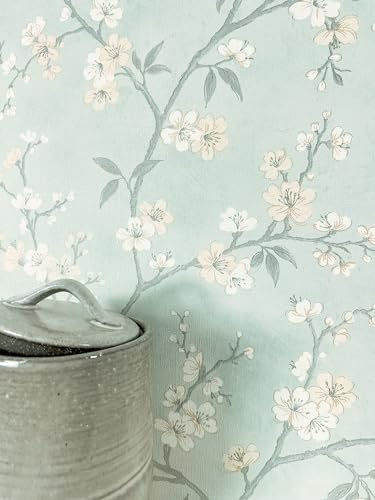 Newroom Blumentapete Vliestapete Blau Kirschblüten Floral | blühende Zweige matt mit feiner Textilstruktur, Mustertapete Landhaus Shabby Chic Japandi, Schlafzimmer Flur