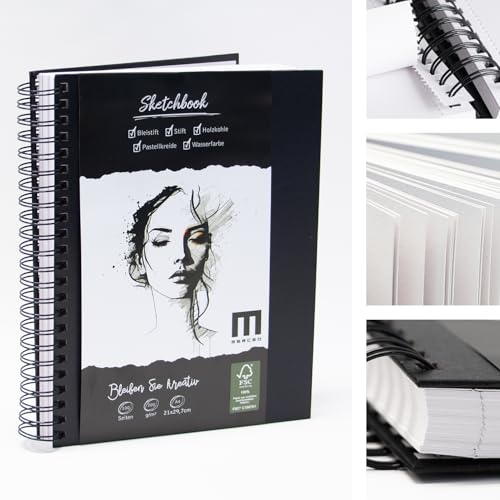 Premium Skizzenbuch DIN A4, 100 Seiten, 200 g/m² starkes Zeichenpapier - Sketchbook Malblock für Künstler & Designer - Ideal für Skizzen, Zeichnungen & Notizen - Robustes Hardcover mit Spiralbindung