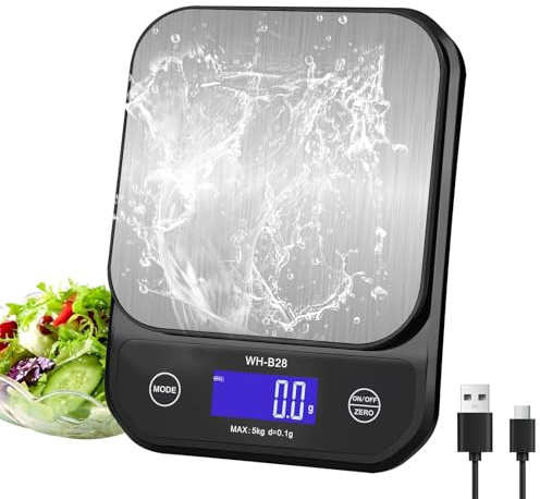 3T6B Balance de cuisine numérique étanche IP67, rechargeable, avec port USB, échelle numérique haute précision 5 kg/0,1 g, avec écran LED, pour la cuisine, la pâtisserie