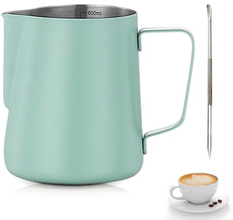 Milchkännchen Edelstahl,Tianher 350 ml Aufschäumer Kännchen Milchkanne aus Edelstahl Milch Pitcher Aufschäumen Krug mit Barista Stift Messung Mark für Cappuccino und Latté (Grün)