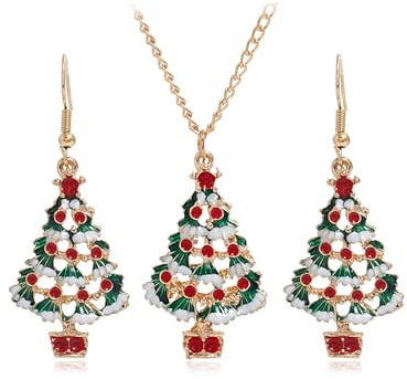 JUSTUSNX Weihnachtsschmuck-Set für Damen, Weihnachtsbaum-Anhänger Halskette Ohrringe, Verstellbare Weihnachtsbaum-Anhänger Halskette