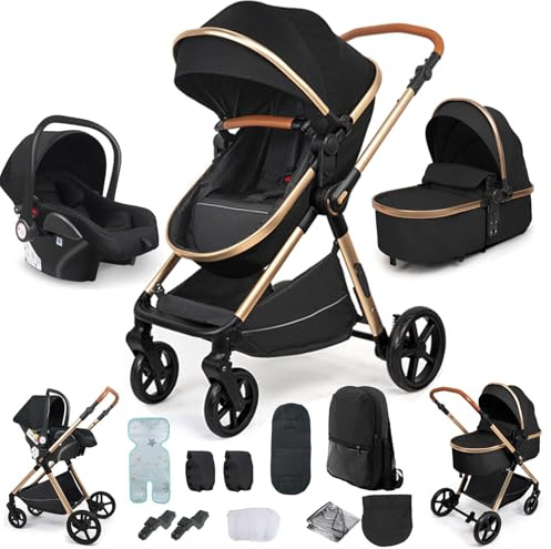 Reenborn Kinderwagen 3 in 1, Buggy mit Zwei Umkehrbaren Schiebemodi, Kinderwagen mit Rahmen Aluminiumlegierung, Kombikinderwagen 3 in 1 Komplettset mit Ein-Klick-Faltdesign (H2 Black)
