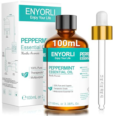 ENYORLI Ätherisches Pfefferminzöl 100ml Pfefferminzöl 100% Natürlich für Haut, Gesicht, Haare, Aromatherapie, Diffusoren, Kerzenherstellung, Massage, Hauspflege, äußere Anwendung mit Pipette