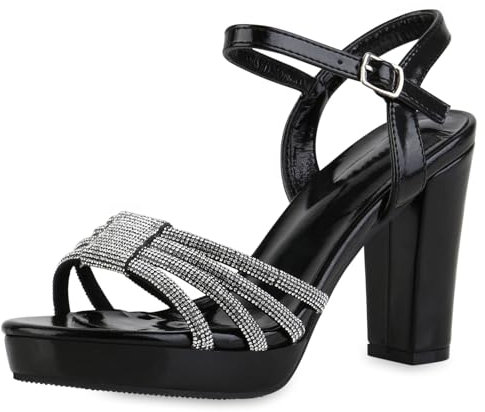 VAN HILL Damen Riemchensandaletten Blockabsatz Strass Trendy Schuhe 216905 Schwarz 40