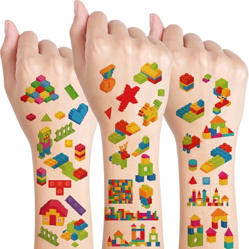 Qpout 10pcs Baustein Temporäre Tattoos für Kinder,Bunte Bausteine Geburtstagsfeier liefert Dekorationen Tattoos Aufkleber für Jungen Mädchen Geschenke Klassenzimmer Schule Preise Gefälligkeiten