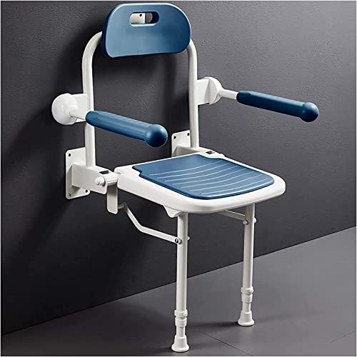 ASumPio Duschhocker Klappbarer Duschsitz, Für Senioren Mit Behinderung Tragbarer Badestuhl Mit Stützbeinen Und Armlehnen An Der Wand Montierter Badezimmer-Badehocker Badezi,Blue-38 * 45cm