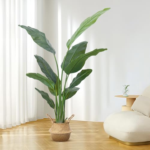 DOKKOME 160cm Künstliche Pflanze Künstliche Paradiesvogel groß Kunstpflanzen Tropische Palme mit 10 Blättern Kunst Bananenbaum Plastik Pflanze Palme im Topf Deko für Korridor Schlafzimmer Büro