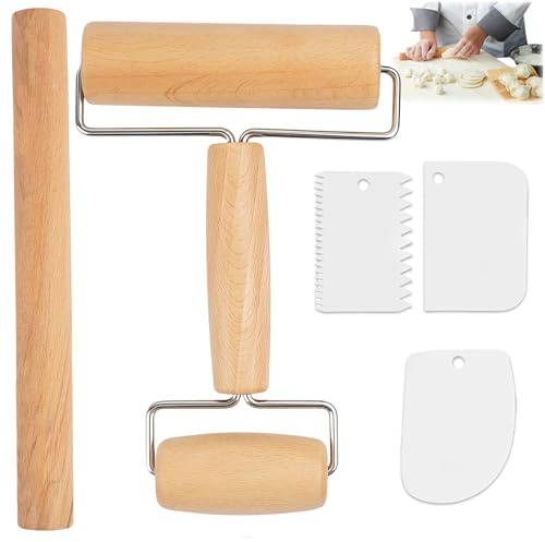 5 Stück Nudelholz Holz Set, Teigroller Holz, Teigroller Klein, Rolling Pin, Ausgestattet mit Teigschaber Langlebig Backzubehör, Eignet Sich zur Herstellung von Pizzateig Dessertteig Keksteig