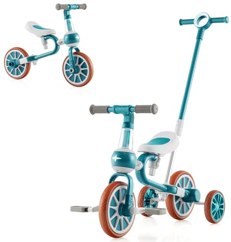 SOARS 4 in 1 Laufrad, Kinder Dreirad mit 4-stufig verstellbarem Schiebegriff, 2-stufigem Sattel, abnehmbaren Pedalen, Lauffahrrad Lauflernhilfe für Kinder ab 1 Jahre (Grün)