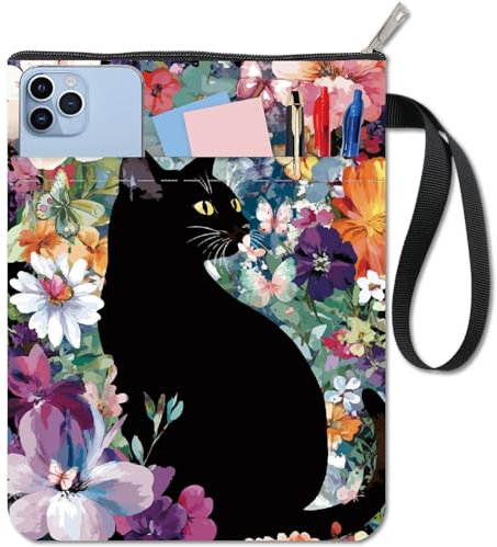 craspire Schwarze Katzen Buchhülle Florale Buchtasche Stoff Wasserdicht Waschbar Tierblumen Notizbuch Tasche Taschenbuchtasche Schutzhülle Mit Reißverschluss Und Vordertasche Für Abschlussfeier