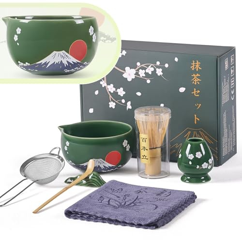 DUJUST Unique Fuji Sakura Matcha Set, 7Pcs Japanese Matcha Kit with Matcha Bowl, Matcha Whisk & Holder, Bamboo Scoop, Scoop Holder, Sifter, Tea Towel&Gift Package, Gift for Matcha Lovers