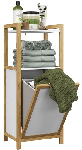 HOMCOM Meuble sur Pied en Bambou avec Panier à Linge Gain de Place Meuble Bas de Salle de Bain 2 étagères 40 x 30 x 86,5 cm
