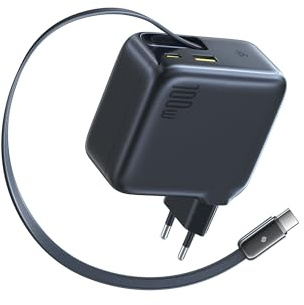 Baseus Enercore - Cargador USB C (100 W, cable extensible, 3 puertos GaN, cargador rápido PD compatible con MacBook Pro Air, Dell, HP, iPad, iPhone 17/16/15/14/13Pro Max Galaxy S25/24Ultra