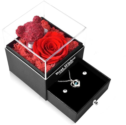 CSYY Rosa Eterna, Confezione Regalo Fiori Stabilizzata Regalo con Collana Cuore e Orecchini a Perno per San Valentino Festa Della Mamma Anniversario Natale Compleanno per Mamma Sorella Moglie Rosso