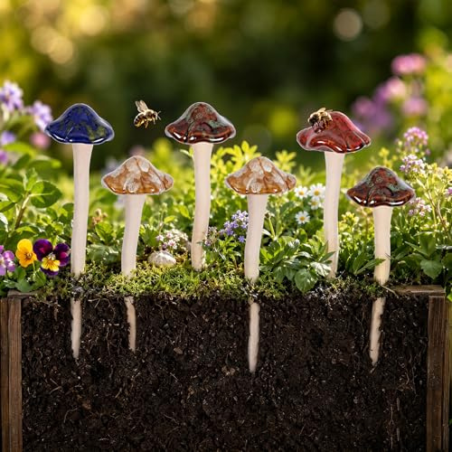JACKANNA Gartendeko für Draußen Wetterfest Pilze Deko Bunte Gartenpilze, Keramik Deko Feengarten Pilz 4 Farbe 6 Stücke Garten Töpfe Dekoration Gartenstecker Ornament für DIY Dekopilze Outdoor