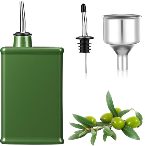 Potchen 20 oz Ceramic Olive Oil Dispenser Bottle Green Olive Oil Dispenser Large Capacity Vinegar Cruet with Stainless Steel Spout for Storage Vinegar, Coffee Syrups and Other Liquids