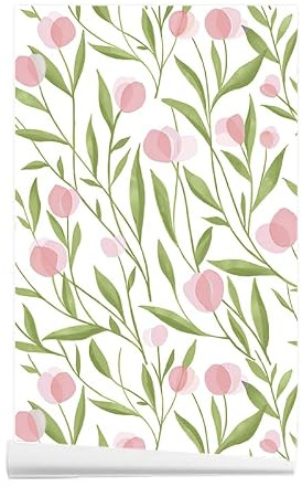 ANBILILA Papel Pintado Autoadhesivo, Romántico Floral Rosas Vintage Pelar y Pegar Papel de Contacto, 44x500CM Flores Rosas Hojas Verdes Victoriano Papel Tapiz Removible Decorativo para Pared