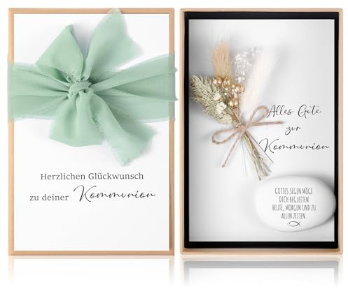 Hestya Kommunion Geschenkset mit Geldgeschenke Verpackung, Geschenkbox Kraftpapier Faltkarte Trockenblumen Kommunionskarte Glücksstein Gravur Geschenkband Geldgeschenk Erstkommunion Konfirmation Taufe