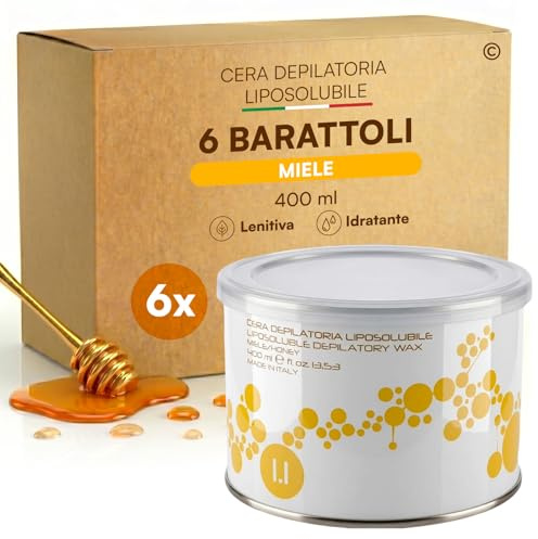 Cera Depilatoria Liposolubile al Miele Ceretta Professionale Lenitiva | Made in Italy, Texture Morbida per Tutti i Tipi di Pelle, Idratante, Ideale per Gambe Braccia e Bikini - 6 Barattoli da 400ml