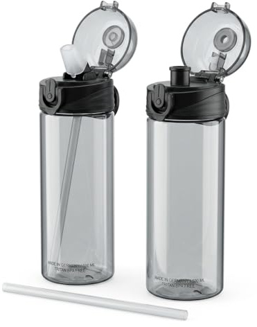 MEBY Set di 2 borracce in Tritan da 500 ml, realizzate in Germania, senza BPA, con 2 beccucci e cannuccia extra, borraccia sportiva a prova di perdite