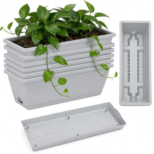 shallyong Jardinieres Exterieur, Lot de 6 Jardinière Balcon, Jardinière de Balcon ou de Rebord de Fenêtre avec Réservoir d'eau et Soucoupe pour Balcon et Terrasse (Gris Clair)