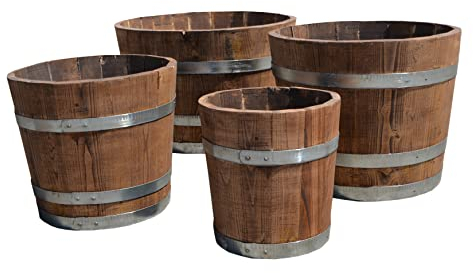 Temesso Blumentopf, Blumenkübel aus Kastanien-Holz - Fass, Holzfass als Pflanzkübel - Bottich, Holzkübel palisanderfarben mit Schlaufen (D50 H40cm palisander + Schlaufen)