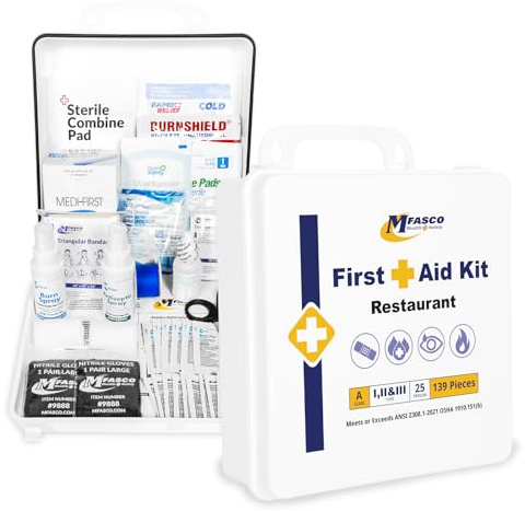 MFASCO 2021 OSHA Class A Restaurant First Aid Kit - Plastic Box with Rubber Sealed - Includes Blue Bandages and Burn Care Supplies - Essentials for Work or Restaurant - 139 Pieces