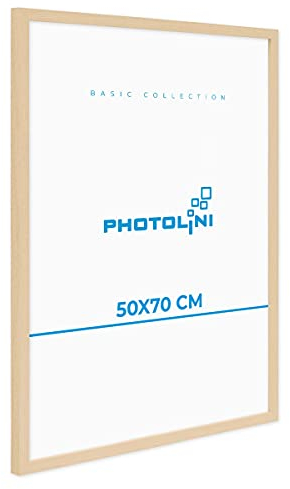 PHOTOLINI Cadre 50x70 bois naturel MDF, cadre pour puzzle 50x70 et posters, cadre photos avec verre acrylique incassable, cadre photo 70x50 à suspendre, cadre poster 50 x 70 avec accessoires