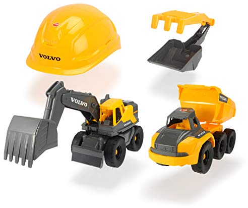 Dickie - Set de construcción Volvo, Incluye 2 vehículos, Casco, Pala y rastrillo, tamiz (Simba, 3729013)