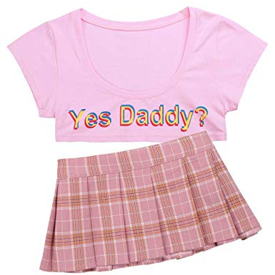 inlzdz damer skolflickor cosplay underkläder set super kort crop top med ja daddy? Tryck + rutig minikjol, skoluniform, underkläder, babydoll, nattkläder, ROSA, one size