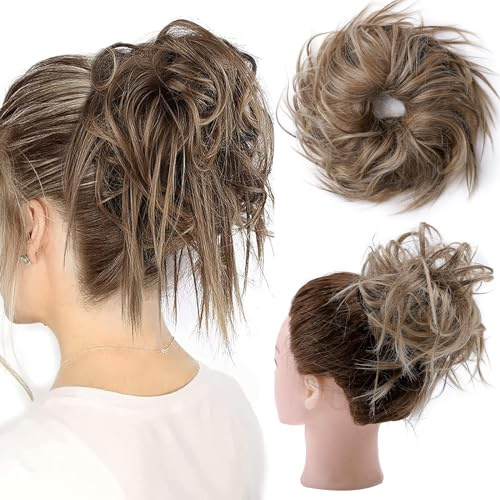 Hair Extension Haarverlängerung Haarteil Haargummi Hochsteckfrisuren Brautfrisuren VOLUMINÖS Gewellter Unordentlicher Dutt Pferdeschwanz Hellbraun bis aschblond