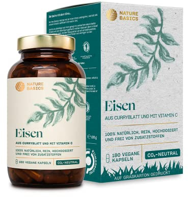 Nature Basics natürliches Eisen zertifiziert & nachhaltig im Glas | 180 Kapseln hochdosiert | 14mg Eisen & 80mg Vitamin C pro Kapsel | rein aus Curryblatt & Hagebutte | ohne Zusatzstoffe & aus DE