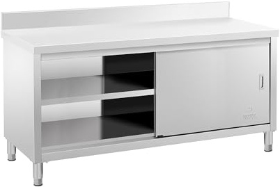 Royal Catering Arbeitstisch Edelstahltisch mit Unterschrank 180 x 60 cm mit Aufkantung bis 500 kg höhenverstellbare Füße Edelstahl-Tisch Arbeitsschrank Edelstahl Gastro-Edelstahlschrank