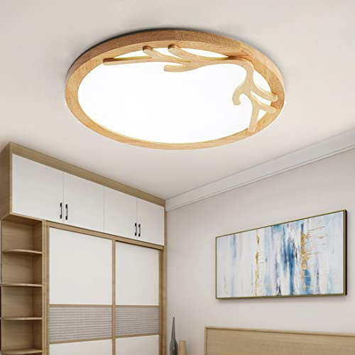 Dimmbar Schlafzimmer LED Lampe Deckenlampe aus Holz Modern Deckenleuchte mit Fernbedienung Kreativ Geweih Design led Deckenbeleuchtung für Wohnzimmer Arbeitszimmer Büro Kinderzimmer Esszimmer (Ø40cm)