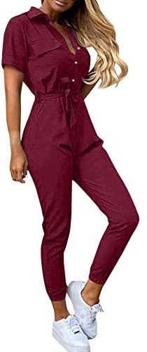 Damen Body Einteiler Sexy Pyjama Overalls für Frauen, Sommer, lässig, kurzärmliges, Button-Down-Gürtel, Arbeitsoverall, Strampler mit Taschen Overall Damen Jeans (Red, XXL)