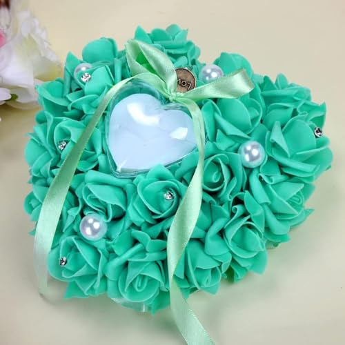 Ringkissen Hochzeit Ringbox Hochzeit Romantic Rose Band Herzform Ring Kissen Box mit feinem Strasssteinchen und Schleife Kissen für Hochzeitsringe für Eheringe Verlobung,7 Farben, 18*17cm, Blau