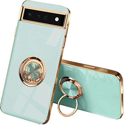 UPLAI Case for Google Pixel 6A, Ultra Thin Shockproof Electroplating Design Cover with Ring Holder, Soft TPU Silicone Bumper Cover.Light Green