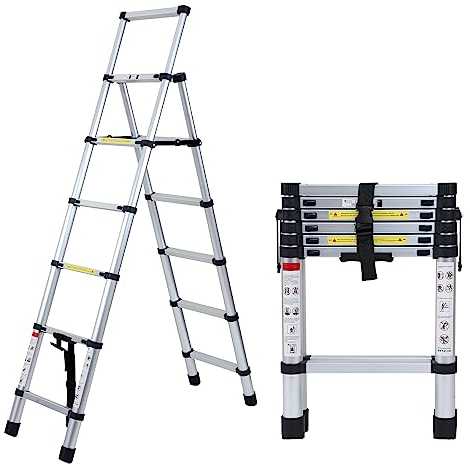 Ansobea Scala telescopica pieghevole in alluminio, 1,7 m + 2,0 m, telaio A 5 + 6 gradini, scala multiuso 150 kg, EN131