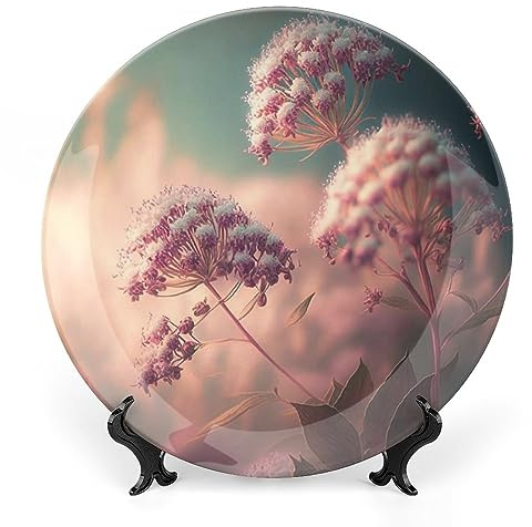 Gokays Decorative Plates, Pink Dandelions Dew Flower Field Ceramic Dinner Plate Home Wobble-Plate with Display Stand, Wall Hanging Decor for Living Dining Room Kitchen Household 8 Inch