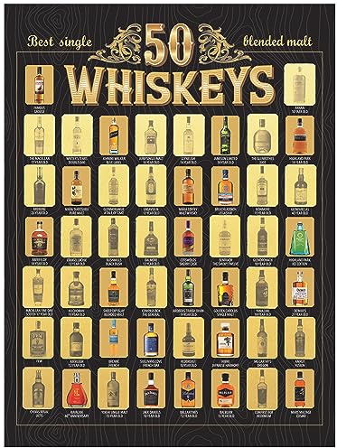 The Whiskeys Bucket List - Scratch Off Poster | Discover the World's Top 50 Whiskeys | Perfect Wall Decor for Man Cave, Bar or Office | Great Whiskey Gifts for Men and Whiskey Lovers