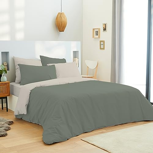 univers decor - Pack Complet 6 pièces Bicolore réversible Housse de Couette pour lit 140 x 190 cm 100% Coton / 57 Fils/cm² (Eucalyptus/Lin, Pack Complet 6 pièces Bicolore lit 140 x 190 cm)