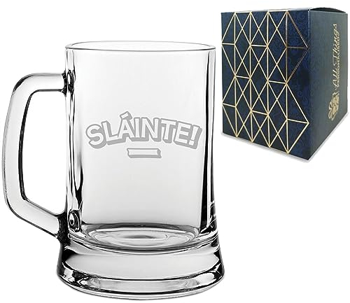 Engraved Novelty Beer Mug Tankard Stein with Slainte Design, Gift Box Included, Laser Engraved, Gift for Dad Grandad Uncle Friend Colleague, Add an Optional Personalised Message