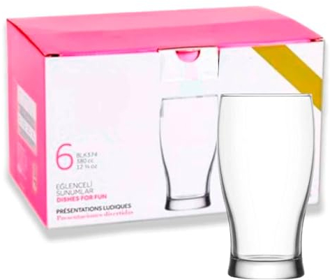 Tradineur - Caja de 6 Vasos Modelo Belek - Capacidad: 380 ml - Fabricado en Vidrio Resistente - Apto para lavavajillas - Tamaño Aprox: Ø 7 x 14 cm - 6 Uds Totales