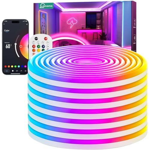 Lamomo Neon LED Strip 10m, RGB Led Streifen mit Fernbedienung APP Steuerung, Wasserdichte Flexible Led Leiste, Musik Sync Indirekte Beleuchtung Band für Wohnzimmer,Schlafzimmer, Spielzimmer