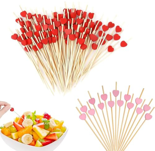 QOWUXHZ 200 Piezas Brochetas De Cóctel Palillos De Cóctel Palillo De Frutas Brochetas De Frutas De Bambú Brochetas De Cóctel De Madera Para Fiestas Canapés Y Aperitivos 12Cm Rosa Rojo