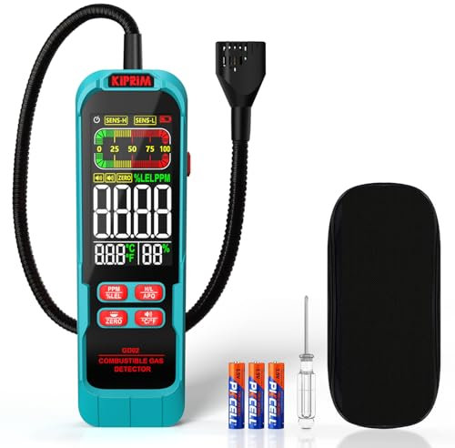 Detector de Gas, Kiprim GD02 Detector de Fugas de Gas con Alarma Audible y Visual, Sonda 40 cm, Detector%LEL de Metano o Propano para Autocaravana, Casa