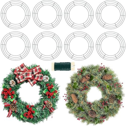 KAHEIGN 8Pcs Wire Wreath Frames, 12 Inch Wire Wreath Making Rings with 35m Fixing Wire for Christmas New Year Valentines Decoration (Dark Green)