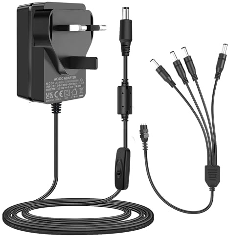 CCTV Camera Power Supply, 12V 2A with 1-to-4 Way Power Splitter Cord. | 100-240V AC to DC 12Volt Adapter, Compatible with 12V 2A 1.5A 1A Security Cameras.